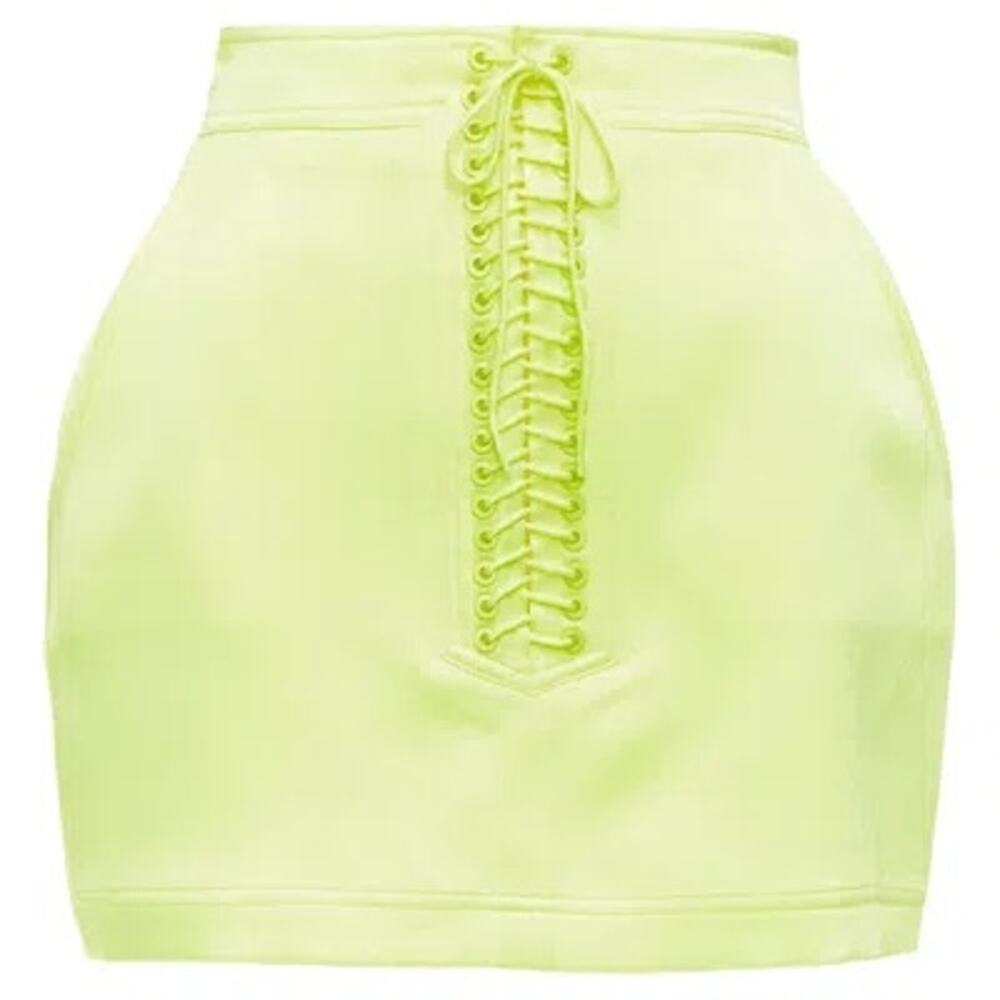 Alex Perry Spence Satin Lace Up Mini Skirt Neon Yellow 8 UK 4 US